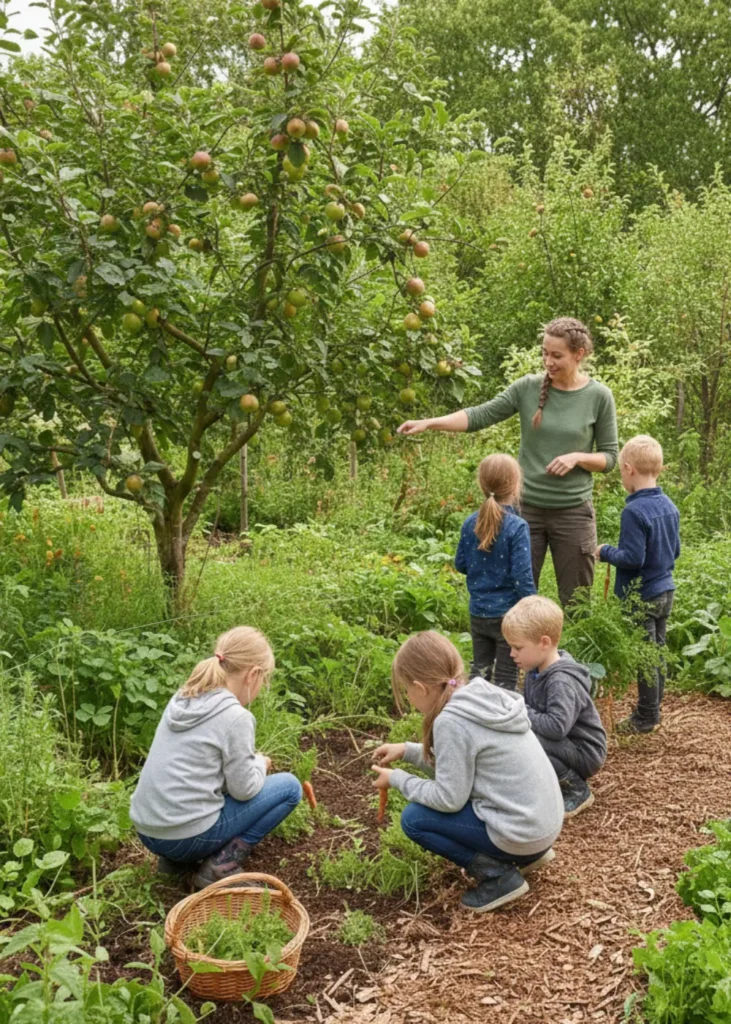 Educatief voedselbos waar kinderen samen leren over eetbare planten, natuur en duurzaamheid