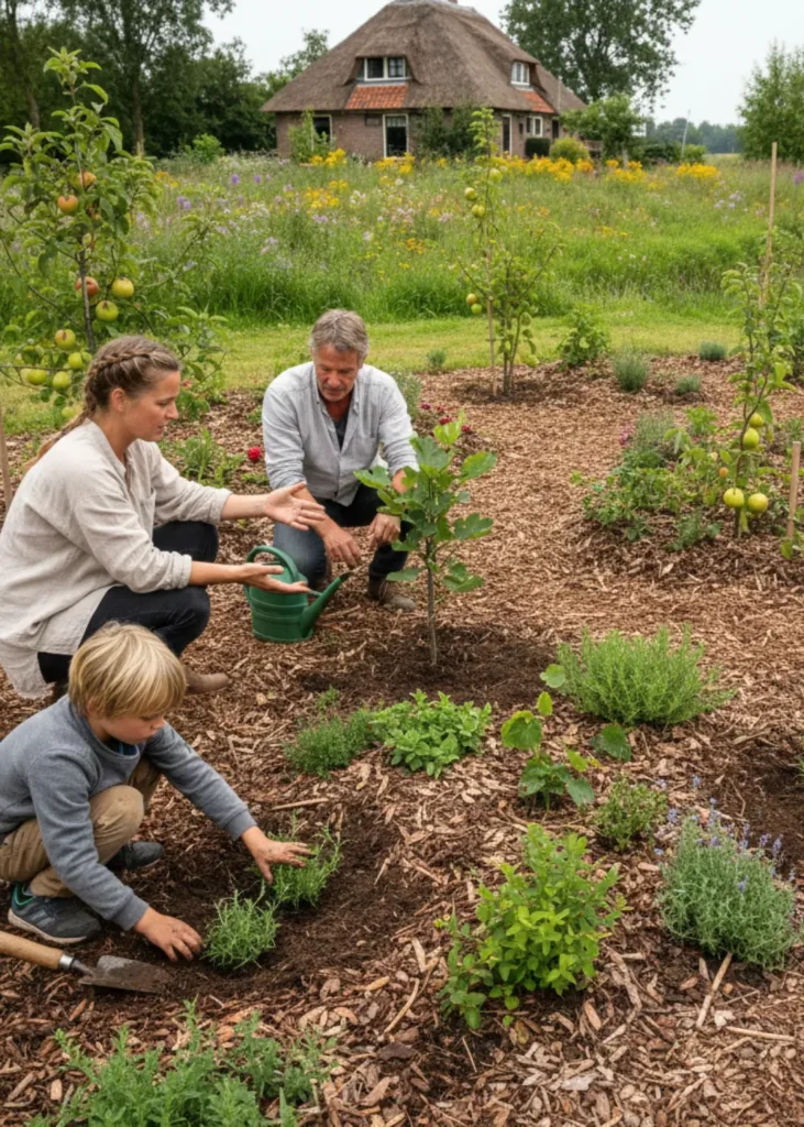 Mensen van verschillende leeftijden planten samen jonge bomen, struiken en kruiden in een permacultuur- en voedselbostuin